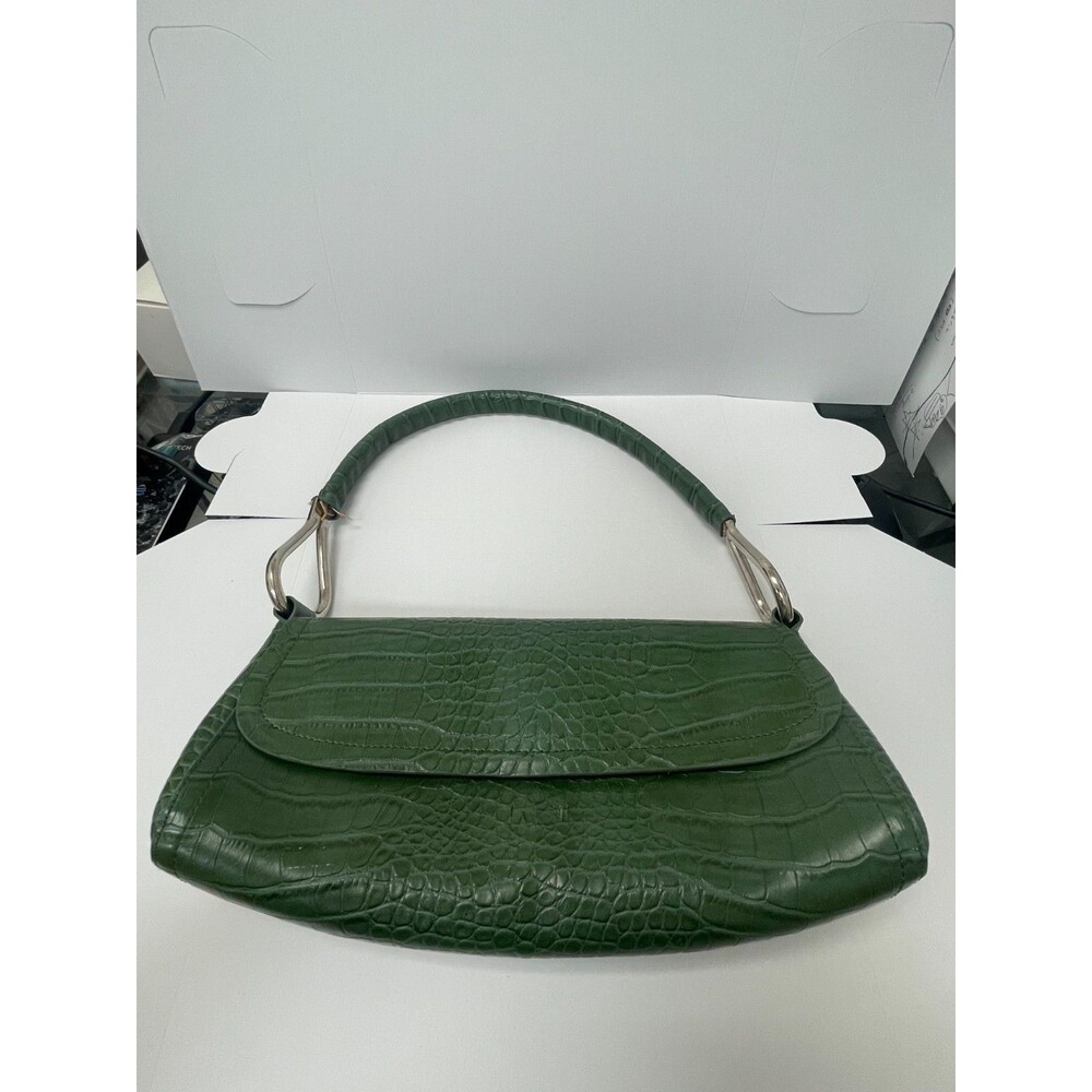 Green Faux Croc Embossed Shoulder Bag Baguette Style Silver Hardware